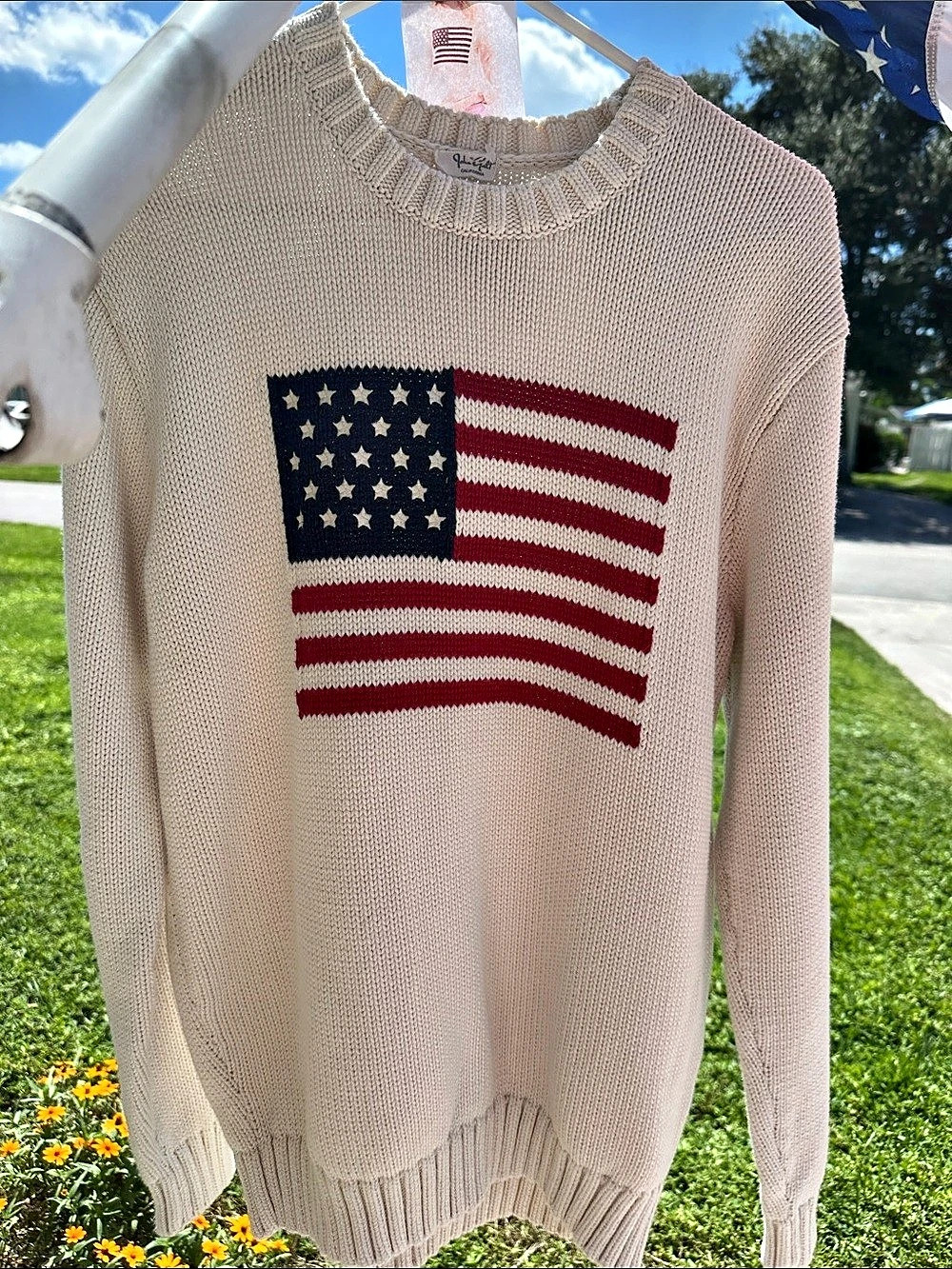 John Galt Yes & Co American Flag Crewneck Sweater in Cream & Red Like New
